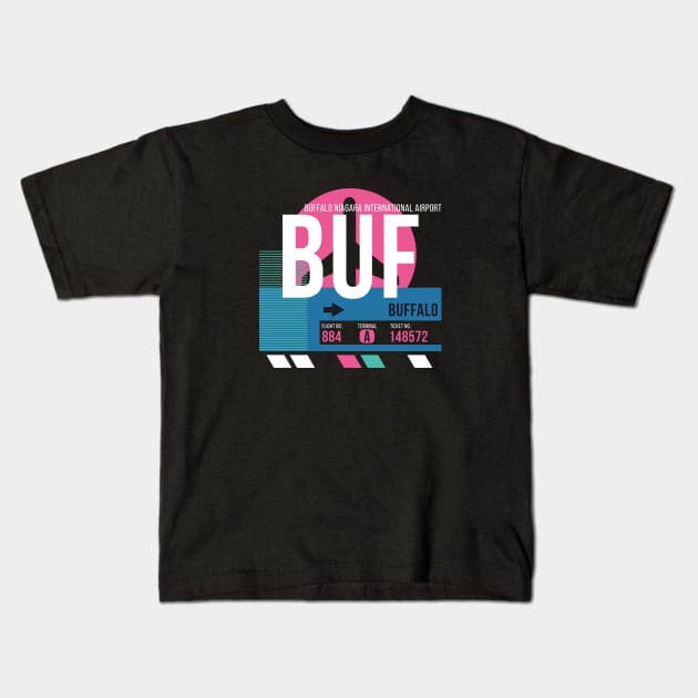 Buffalo (BUF) Airport // Sunset Baggage Tag Kids T-Shirt by Now Boarding